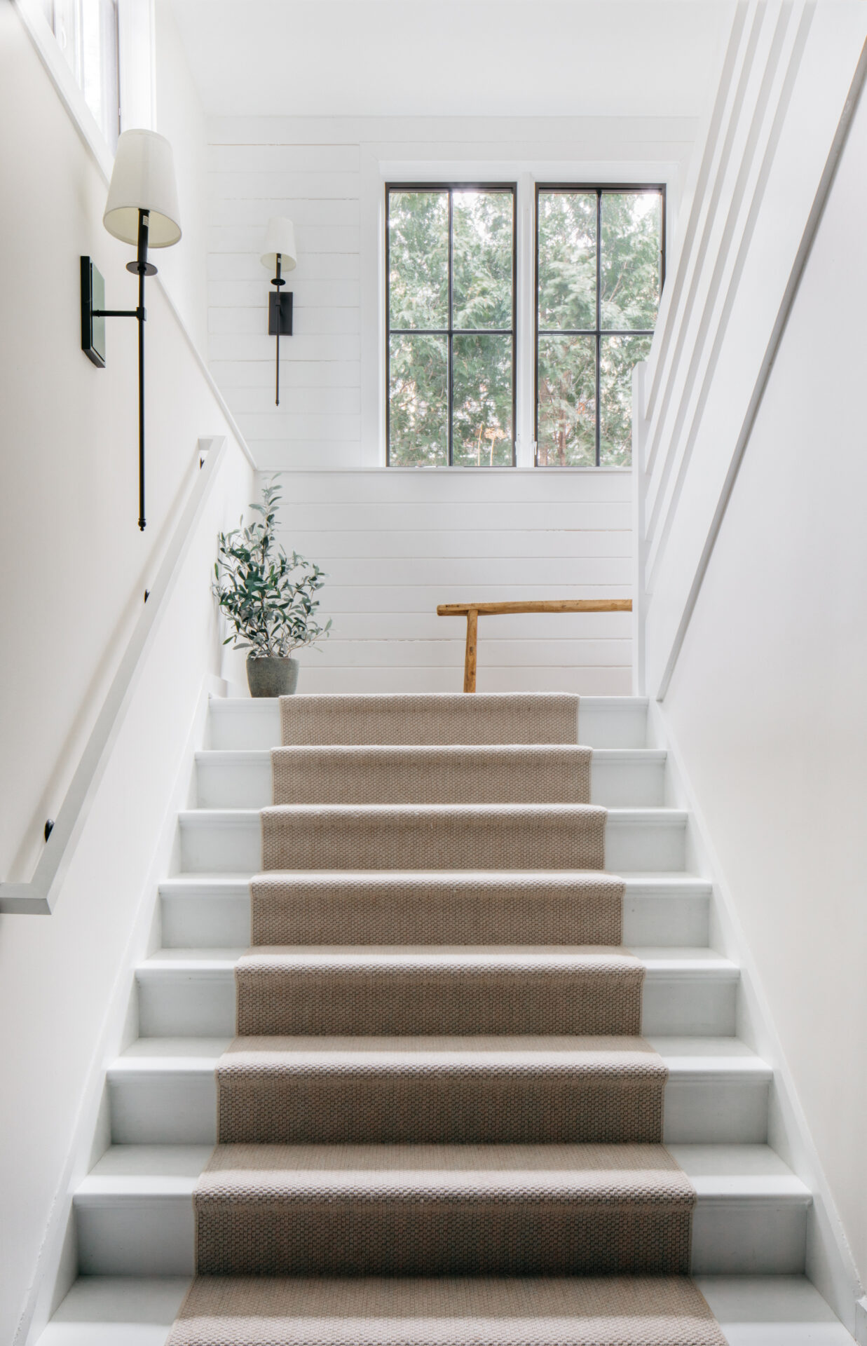 Stairway with runner and green view through windows