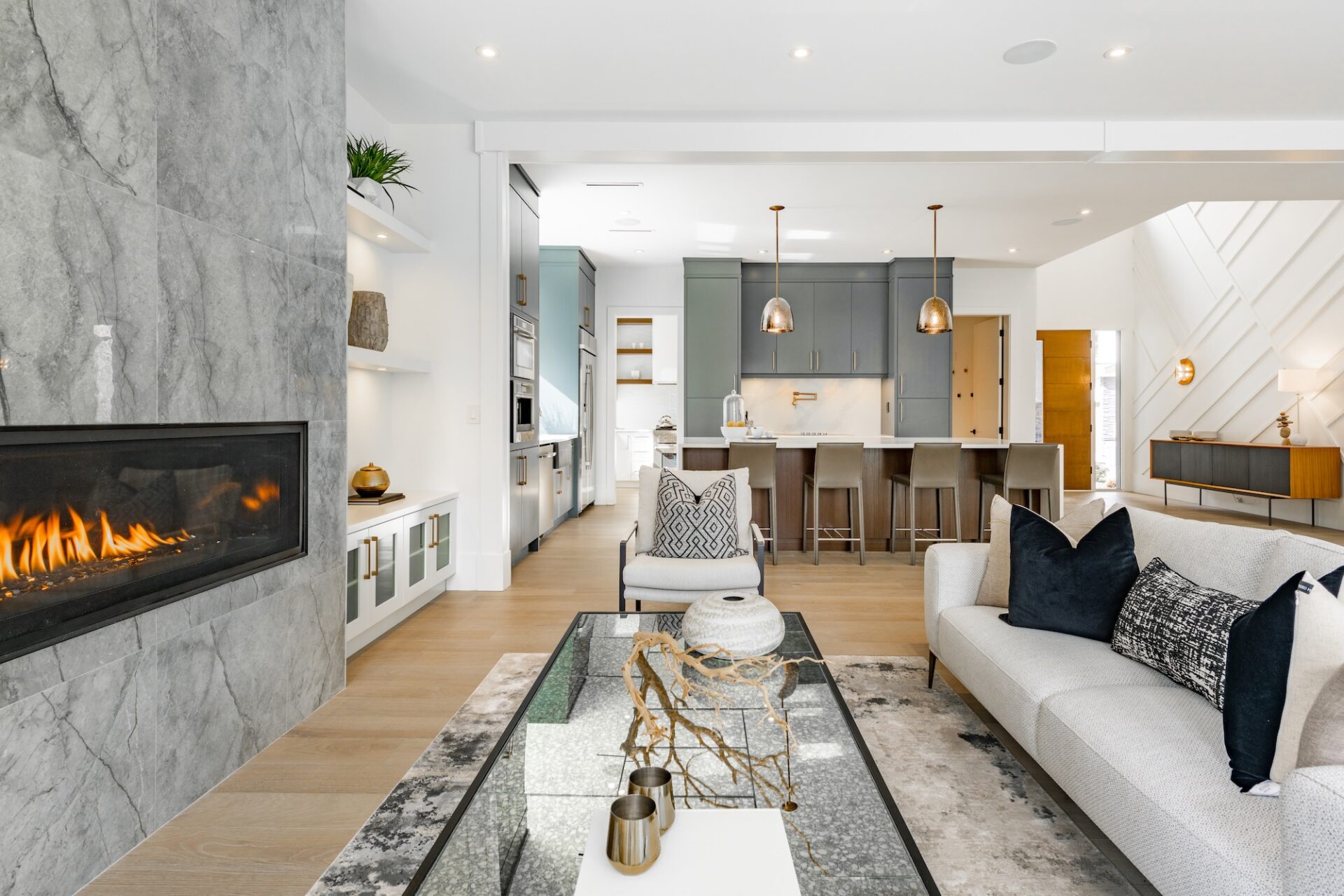 fireplace and couches